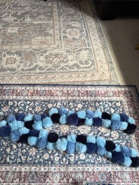 Folio Genuine Rabbit Fur Plush Blue Ombre Pom-Pom Scarf -